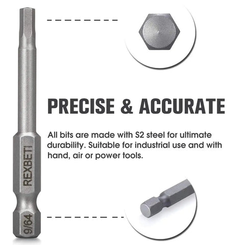 Close-up of a single hex bit from the Twenty Piece Hex Bit Set With Magnetic S2 Steel Drill Bits For SAE And Metric Allen Wrenches.