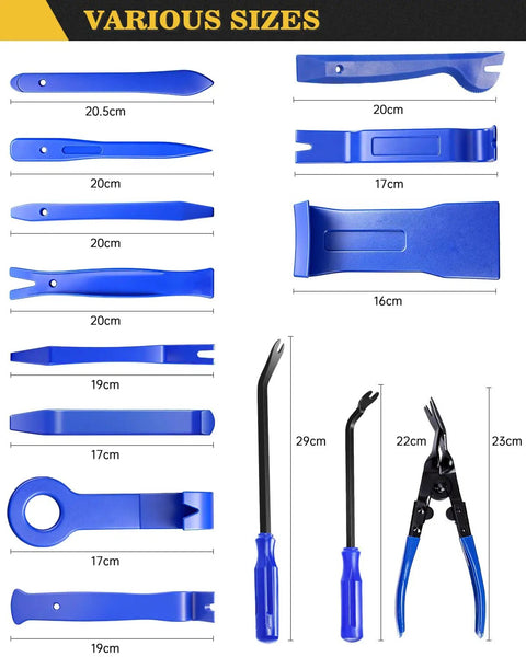 Straight Up 120 Piece Auto Trim Removal Tool Kit for Car Door Panels, showcasing various sizes of blue nylon pry bars.