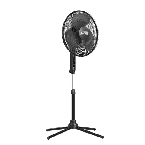 Three Speed 16 Inch Oscillating Pedestal Fan With 90 Degree Head Adjustable Height And Tilt Powerful Airflow For Home Or Office Perfect For Dorms And Living Rooms Black MTFS-16B-BLK, showing black pedestal with a circular fan head on a white background.