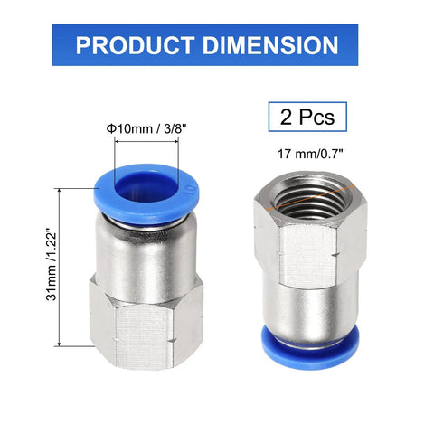 Product dimensions of Two Pack 1/4 NPT Female Straight Push To Connect Fittings For 3/8 Inch Tube OD Air Pneumatic Quick Connect Silver Tone