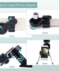 Steps showing phone adapter installation for Portable 70mm Refractor Telescope For Beginners With 15x-150x Magnification.