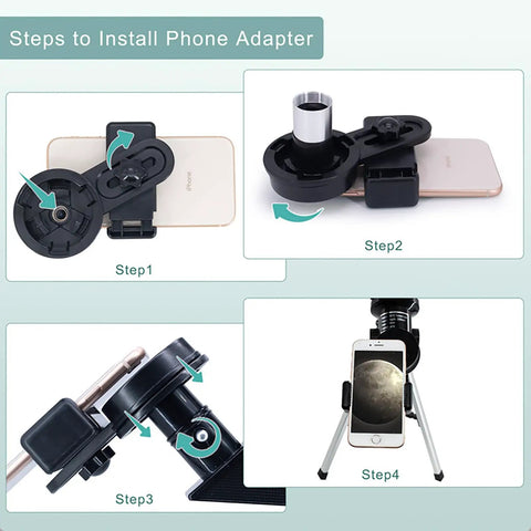 Steps showing phone adapter installation for Portable 70mm Refractor Telescope For Beginners With 15x-150x Magnification.