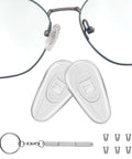 Soft Silicone Air Chamber Eyeglasses Nose Pads With 15 Millimeter Screw In Replacement Set Non Slip Lightweight 6 Pairs Includes Screws And Micro Screwdriver Easy To Install For A Comfy Fit shown with eyeglasses, screws, and screwdriver.