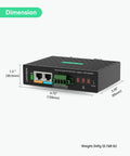 Heavy Duty Industrial Gigabit PoE Plus Splitter With Dual DC Outputs And Adjustable Voltage secure DIN rail mounted, dimensions 4.72"x3.35"x1.2".