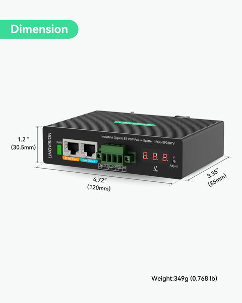 Heavy Duty Industrial Gigabit PoE Plus Splitter With Dual DC Outputs And Adjustable Voltage secure DIN rail mounted, dimensions 4.72"x3.35"x1.2".