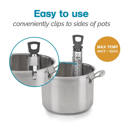 Candy Thermometer Stainless Steel Cooking Thermometer With Pot Clip showing attachment on pot, max temp 400°F.