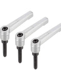 M6 X 30mm Quick Release Toggle Clamps Featuring Killer Grip Ratchet Lever And Rattle Free Locking Bolt Three Piece Set silver tone levers in a row.