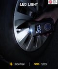1 Minute Beast Mode Quick Inflate Portable Tire Inflator with Digital Pressure Gauge being used on car tire with LED light