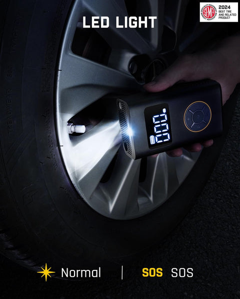 1 Minute Beast Mode Quick Inflate Portable Tire Inflator with Digital Pressure Gauge being used on car tire with LED light
