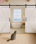 36x84 Inch Double Sliding MDF Barn Door With 13 Ft Hardware Kit in modern bathroom with cat on floor