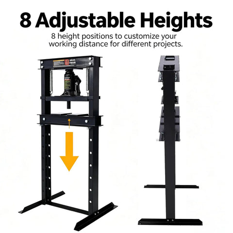 Heavy Duty 12 Ton Hydraulic Shop Press Compact H Frame Bearing Press Machine Garage Auto Repair showing adjustable heights.