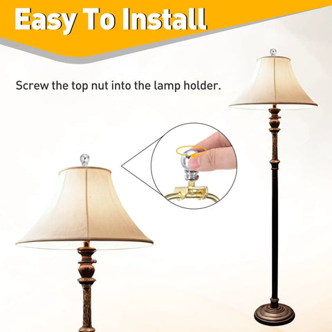 Two Ball Lamp Finials In Silver Metal One And A Half Inch Tall With Standard Harp Thread Quarter Inch By Twenty Seven Fits Most Lamps Includes Cleaning Cloth Your Go To Table And Floor Lighting Decor shown with assembly process.