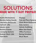 Solutions made with T-slot profiles displayed on a staircase, highlighting various applications and uses.