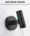 Close-up of installed matte black screw-in towel hook from Matte Black Towel Hooks 4 Pack For Bathrooms Screw In Wall Mounted Stainless Steel Towel Hangers With Drill Hole Installation Durable Easy To Install Includes All Hardware.