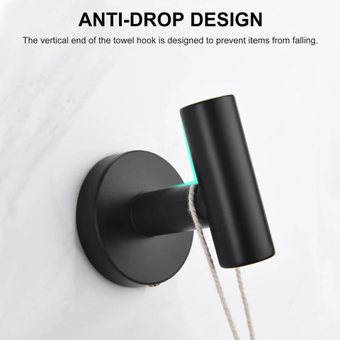 Close-up of installed matte black screw-in towel hook from Matte Black Towel Hooks 4 Pack For Bathrooms Screw In Wall Mounted Stainless Steel Towel Hangers With Drill Hole Installation Durable Easy To Install Includes All Hardware.