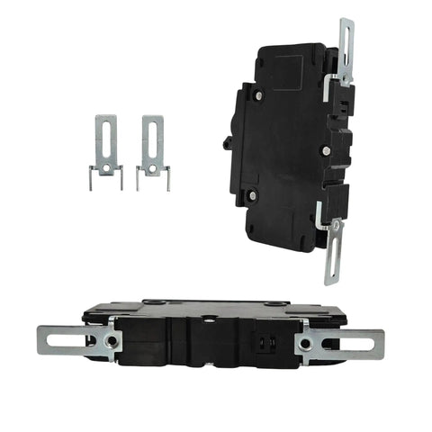 Beefy 15 Amp Miniature Circuit Breaker 1 Pole 120 and 240 Volt DIN Rail or Surface Mount with UL 489 Listed shown with mounting clips.