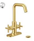 Brushed Gold 2-Handle 4 Inch Centerset Bathroom Faucet With Drain Deck Plate And Supply Hoses, High Arc Spout