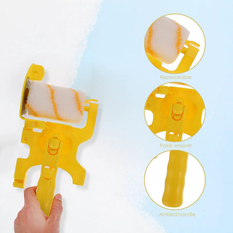 Yellow Corner Paint Roller Brush For Drywall And Door Frames Interior Walls Smooth No Sweat Finishing With Sturdy Grip Handle shown with ergonomic handle.