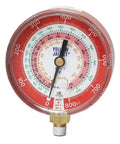 High Side Red Pressure Gauge, 3 1/8 Inch Diameter, 800 Psi, For R22 R404A R410A Refrigeration And HVAC Systems, Durable U.S. Made Brass Body, Accurate Readings For Techs, 49137-1 Each brass high-side gauge with red dial