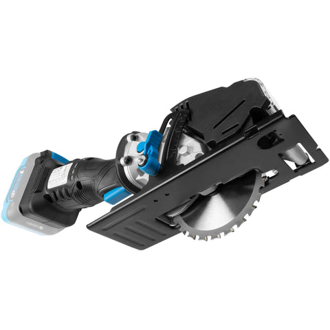 No Nonsense 18V Brushless Cordless Circular Saw With 120 Mm Blade showing blade and aluminum guard detail for clean cuts.