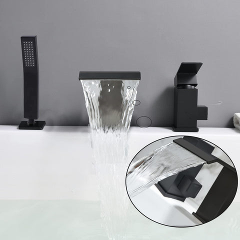 Roman Tub Faucet Deck Mount Waterfall Tub Faucet Matte Black With Hand Shower Sprayer Three Hole Set Includes Hot And Cold Hoses And Hardware For No Fuss Easy Install Out Of The Box; matte black waterfall faucet and hand shower with close-up inset view.