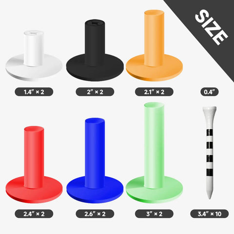Color Coded Golf Tees 22 Piece Set With 12 Rubber Tees In 6 Sizes Two Each Plus Bamboo Tees For Driving Range Simulator Mat