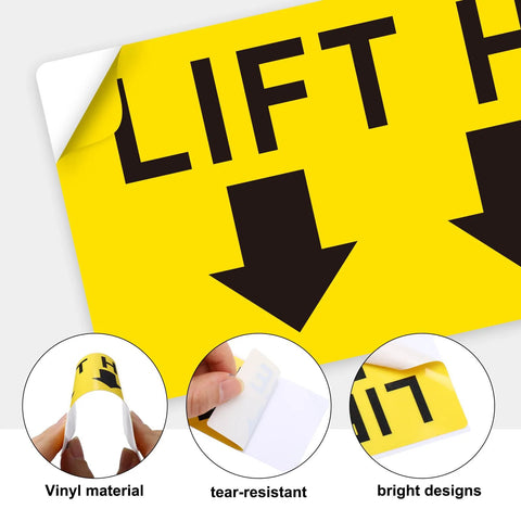 Lift Here label decal, 5x2 in, bright yellow with black down arrows, vinyl, 10-pack