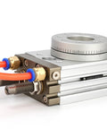 MSQB rotary pneumatic air cylinder, high-type rack-and-gear actuator, close-up of unit with orange hoses