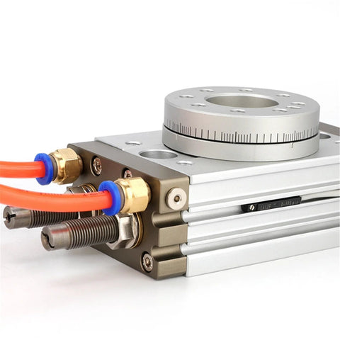 MSQB rotary pneumatic air cylinder, high-type rack-and-gear actuator, close-up of unit with orange hoses