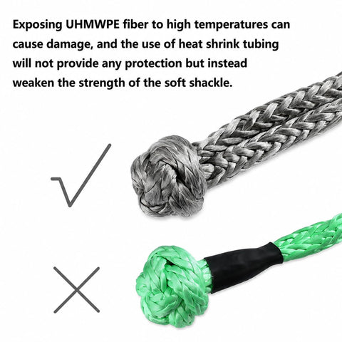 Comparison of gray UHMW Polyethylene and green soft shackle rope showing durability for 2Pcs Synthetic Soft Shackle One Half Inch By Twenty Two Inch, 56,000 Lb Breaking Strength, With Extra Sleeves, Gray, UHMW Polyethylene Tow Shackle Heavy Duty For Boating, Camping, Off Road Recovery.