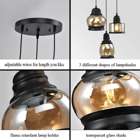 Three Light Modern Glass Pendant Chandelier for Dining Room and Kitchen Island with Amber Glass Shades featuring 3 lamp shapes