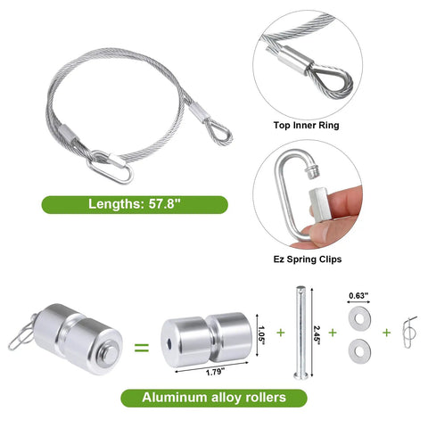 Heavy Duty Lift Cable Replacement Kit Compatible With Gate Assist includes cable, EZ spring clips, aluminum rollers, pins, and washers