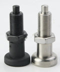 Dead On Accurate Rock Solid Grip Slick Stainless M10 To M20 Spring Loaded Indexing Plunger With Locking Nut For Jigs Fixtures Woodworking And Machine Shops - side view of black and stainless steel plunger.