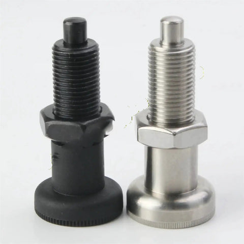 Dead On Accurate Rock Solid Grip Slick Stainless M10 To M20 Spring Loaded Indexing Plunger With Locking Nut For Jigs Fixtures Woodworking And Machine Shops - side view of black and stainless steel plunger.