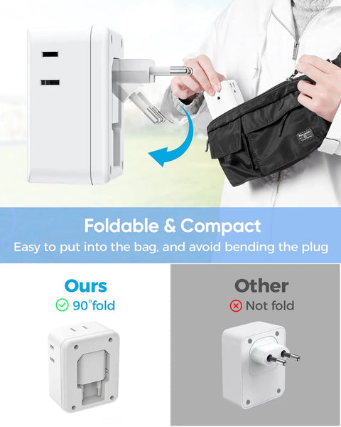 Seven In One Foldable European Travel Plug Adapter With Four AC Outlets And Three USB Ports Type C compact design in use.