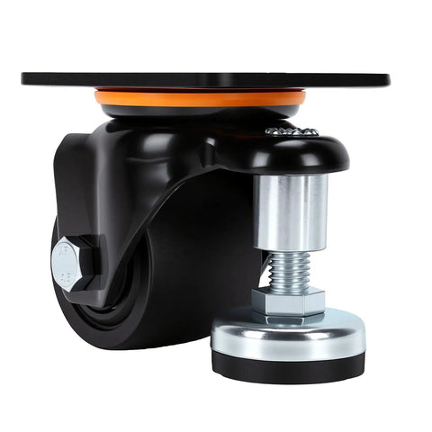 Heavy Duty Leveling Casters With 2.5 Inch Wheels, black plate mount roller with orange ring and metal spring.