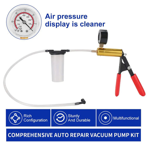 Brake Bleeder Kit With Handheld Vacuum Pump And Adapters Vacuum Bleeder Pump With Pressure Gauge For Cars And Motorbikes Universal Bleeding Tool For DIY Ready Solo Use Durable Metal Construction Red, brass pump with gauge and hose