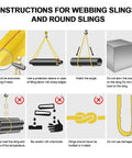 Instructional infographic for webbing and round slings showing inspection, protective sleeve use, angle, and load limits.