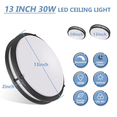 Black Flush Mount Ceiling Light 13 Inch 30W Dimmable LED Fixture With 3000K 4000K 5000K Tunable Color Temperature And 3000 Lumen Brightness