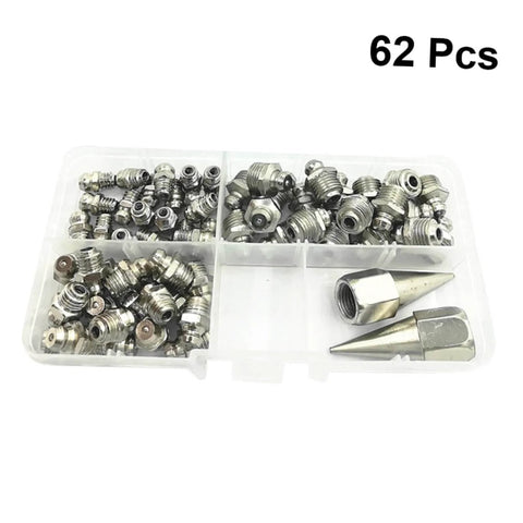One Stop Grease Fitting Kit With Assorted Nozzles And Grease Gun Attachments For Bearings And Recessed Fittings in a 62 pc case