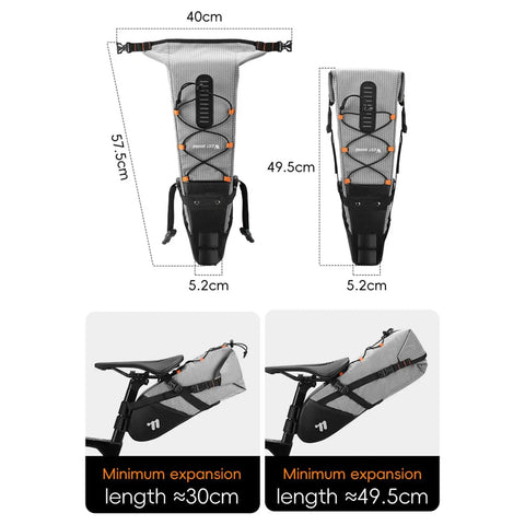 Large Capacity Waterproof Bike Seat Bag For Road And Mountain Rides Bikepacking Saddle Wedge Bag dimensions and expansion view
