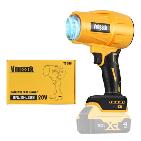 Cordless 20V Max Leaf Blower with High Speed Brushless Motor shown next to packaging, battery not included