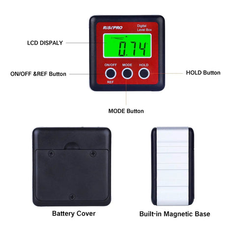 Digital Level Box Protractor Inclinometer With Magnetic Base And Bright LCD Backlight front view showing buttons and magnetic side