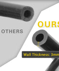 Comparison of Long 6.6 Ft Silicone Vacuum Hose Kit With 1/8, 5/32, 1/4, 5/16 And 3/8 Inch IDs showing 3mm wall thickness