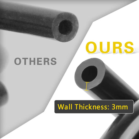 Comparison of Long 6.6 Ft Silicone Vacuum Hose Kit With 1/8, 5/32, 1/4, 5/16 And 3/8 Inch IDs showing 3mm wall thickness