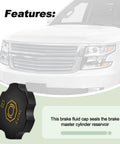 Dot3 Brake Master Cylinder Reservoir Cap For Chevy Suburban Tahoe Silverado Volt Yukon XL Sierra 1500 Acadia Enclave Lucerne Replacement Cap With Tight Seal And Easy Install Fits Your Chevy Ride Perfect Premium Brake Fluid Cap, shown with text description and partial vehicle view