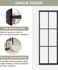 Bypass Double Glass Barn Door Set with aluminum frame and tempered glass panel, highlighting frame durability and glass clarity.