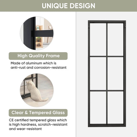 Bypass Double Glass Barn Door Set with aluminum frame and tempered glass panel, highlighting frame durability and glass clarity.
