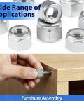 Hand assembling furniture with Nylock Nuts Set With Nylon Insert For Size 10 24 SAE Inch Threads 304 Stainless Steel 60 Pieces.