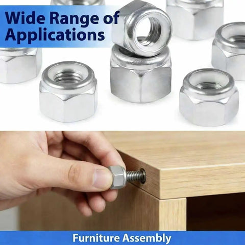 Hand assembling furniture with Nylock Nuts Set With Nylon Insert For Size 10 24 SAE Inch Threads 304 Stainless Steel 60 Pieces.